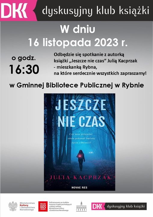 plakat informujący o spotkaniu autorskim z Julią Kacprzak